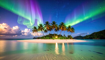 Aurora Borealis over Tropical Island Paradise with Night Sky.