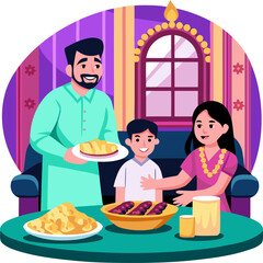 happy family eating pizza