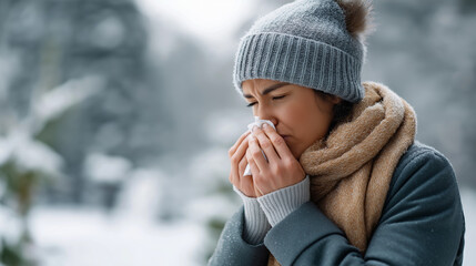 Faceless woman in winter park blowing nose defocused snowy outdoor background seasonal cold respiratory symptoms outdoor illness winter health issues with copy space