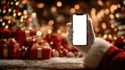 Santa hand holding mobile phone with empty screen in christmas day,holiday shopping online,light background,smartphone,banner sale gifts,Blank white screen,Mockup.