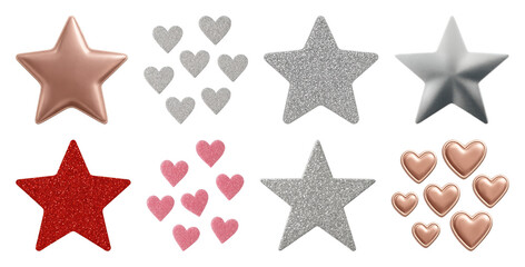 Obraz premium PNG Metallic and glitter star hearts, element set on transparent background