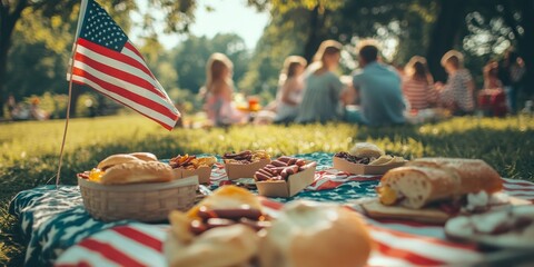 Family celebrating president's day with picnic and american flag