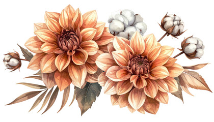 Watercolor floral arrangement with dahlias, cotton, and autumn-toned foliage