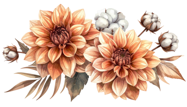 Watercolor floral arrangement with dahlias, cotton, and autumn-toned foliage - Powered by Adobe