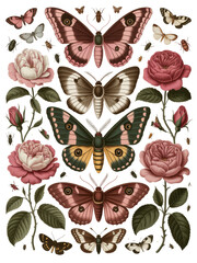 Symmetrical Butterflies and Roses in Vintage Illustration