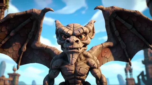 Animated stone gargoyle poses in open air with wings, towers visible, great for animation