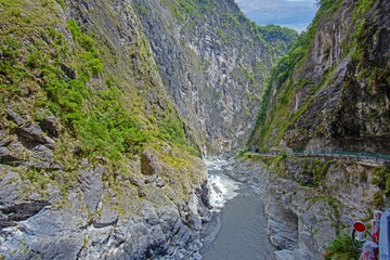Taroko Gorge river between steep rock walls in Taiwan