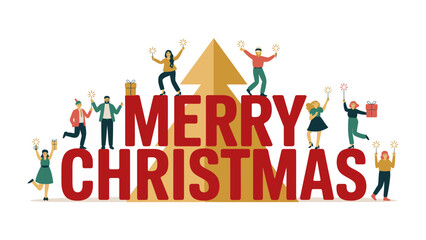 Holiday Gathering: A festive display of Merry Christmas with people, Christmas tree, gift and star in a holiday themed illustration. 