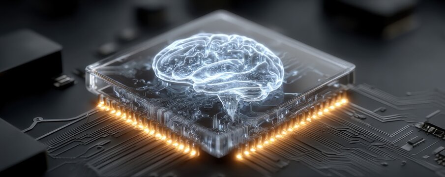 Futuristic holographic brain chip concept in advanced technology network