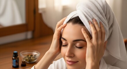 Woman with towel on head massaging forehead in spa setting with essential oils and bowl on table