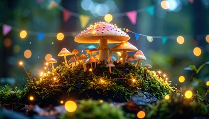 Magical Mushroom Forest Scene with Fairy Lights, Bokeh, Nature, and Woodland.