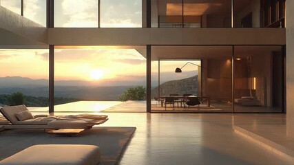 Modern luxury villa living room at sunset - Powered by Adobe