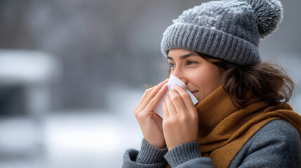 Faceless woman using tissue for nose outdoors defocused winter snowy background seasonal cold symptoms respiratory illness weather related sickness winter health issues