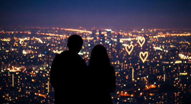 Romantic Nightscape: A silhouetted couple gazes at the city lights, the sky is adorned with illuminated heart shapes.