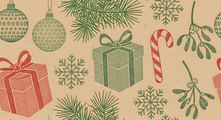 Seamless pattern with vintage christmas ornaments, snowflakes, pine branches, gift boxes, and candy canes in red and green on a textured brown paper background, evoking a retro holiday feel