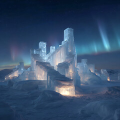 Fantasy ice castle illuminated under the northern lights