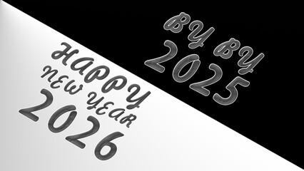 Happy new year 2026 greeting with bye bye 2025 on a diagonally split black and for festive celebrations