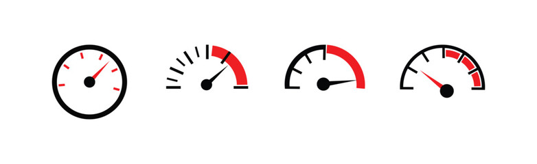 Set of speedometer gauge, dashboard indicator showing speed, performance measurement tool, vector illustration