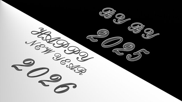 Happy new year 2026 and bye bye 2025 on a diagonally split background of white and black for festive celebrations