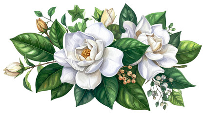 Detailed illustration of white flowers with green leaves, on black background