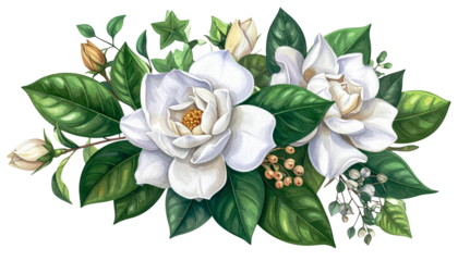Detailed illustration of white flowers with green leaves, on black background