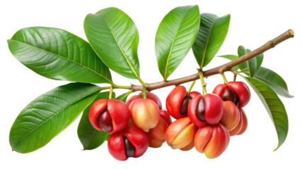 Akee fruit branch with vibrant red pods and fresh green leaves