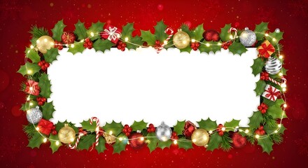 Christmas Holiday Frame with Holly, Berries, Ornaments, and Lights on Red Background