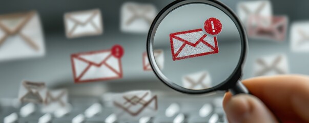 Person holds magnifying glass inspecting email icons with red alert symbol in a digital workspace concept