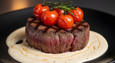 Grilled Fillet Mignon Steak with Cream Sauce Asparagus and Potato Dauphinoise