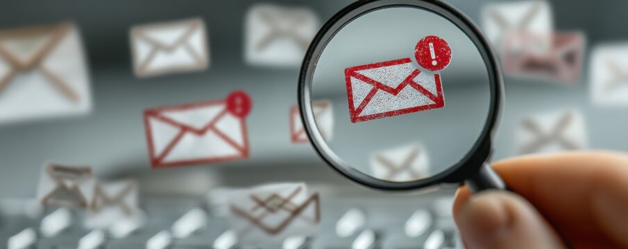 Person holds magnifying glass inspecting email icons with red alert symbol in a digital workspace concept