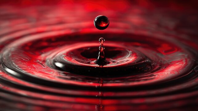 Red liquid droplet creates splash and ripples upon impact