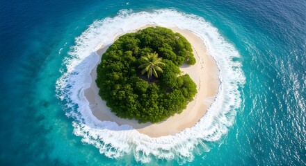 Aerial View of Small Tropical Paradise Island in Turquoise Ocean