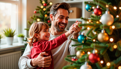 Father and child decorating Christmas tree indoors with joy