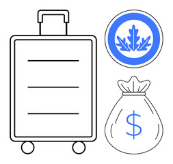 Rolling suitcase, sack with dollar symbol, oak leaf badge in blue. Ideal for travel, savings, finance, budgeting, rewards programs, business trips simple flat metaphor