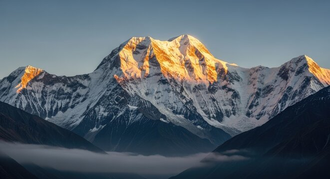 Dhaulagiri Mountain Peak at Sunrise with Golden Alpenglow Light