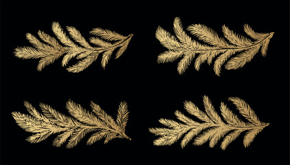 Gold fir branch on black background hand drawn set.	
