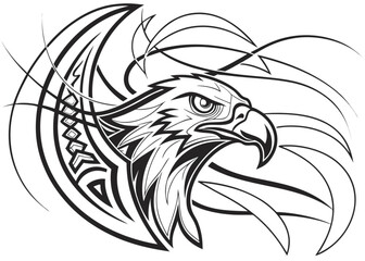 Minimilist detailed black and white drawing of an eagle head with tribal patterns and curved lines design art 100 vector