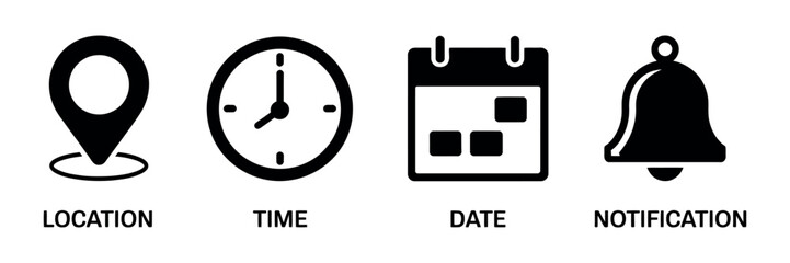 Date time address notification icon, calendar location and alarm bell vector
