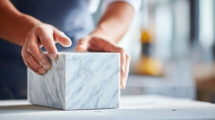 In a bright workshop, a skilled stone mason carefully shapes a smooth marble block with expert hands. The artisan's focus and craftsmanship transform raw stone into art