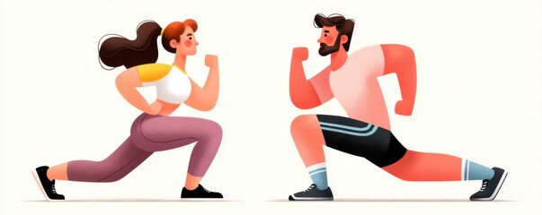Dynamic illustration of a man and woman running side by side in a fitness workout scene