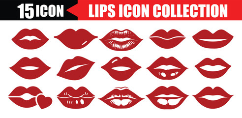 Lipstick Kiss Icons Pack. Woman's lip gestures icon vector set. Girl mouths close up expressing different emotions, Vector Illustration