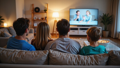 Family watching TV together in cozy living room on sofa  