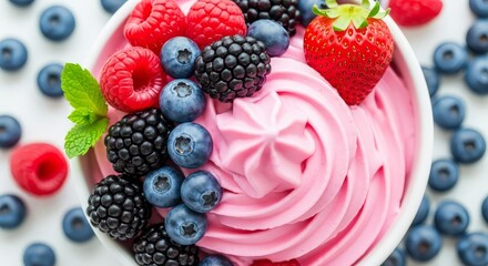 A bowl of pink frozen yogurt topped with fresh berries on a white surface with blueberries around it