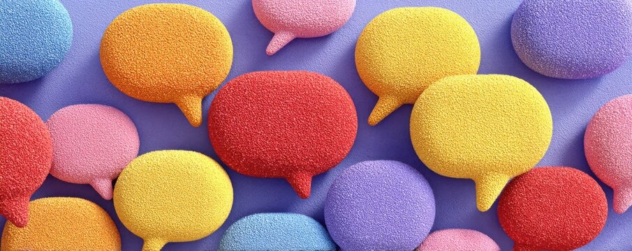 Colorful speech bubble collage with textured foam surfaces on a purple background