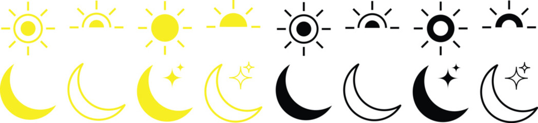 Sun and moon icons set. Daytime sunset, sun, moon icon set. Day and Night icon symbol. black and white icons representing the day and night on transparent png and vector illustration  © MDneamul