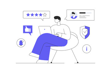 Customer help and support online. Call center. Man Operator helps client through monitor screen. Flat Cartoon Vector Illustration, icon Stylish abstract design landing page web