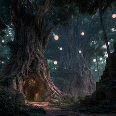 Enchanted Ancient Tree in Magical Forest with Glowing Lights