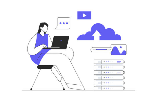 Cloud computing, online database, web hosting. Woman using laptop upload and download information on cloud storage. Flat Cartoon Vector Illustration, icon Stylish abstract design landing page web