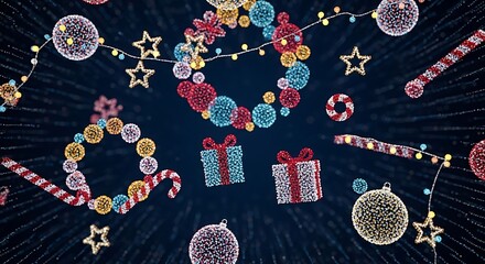 Festive christmas lights and ornaments including candy canes, gift boxes, and stars forming abstract shapes on a dark background, celebrating the holiday season