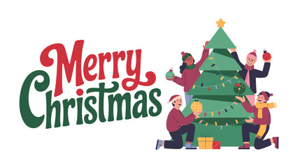 Fototapeta premium Festive Family Decorating the Tree: A family revels in the joy of Christmas, decorating a festive evergreen tree with ornaments and lights, the essence of holiday cheer.